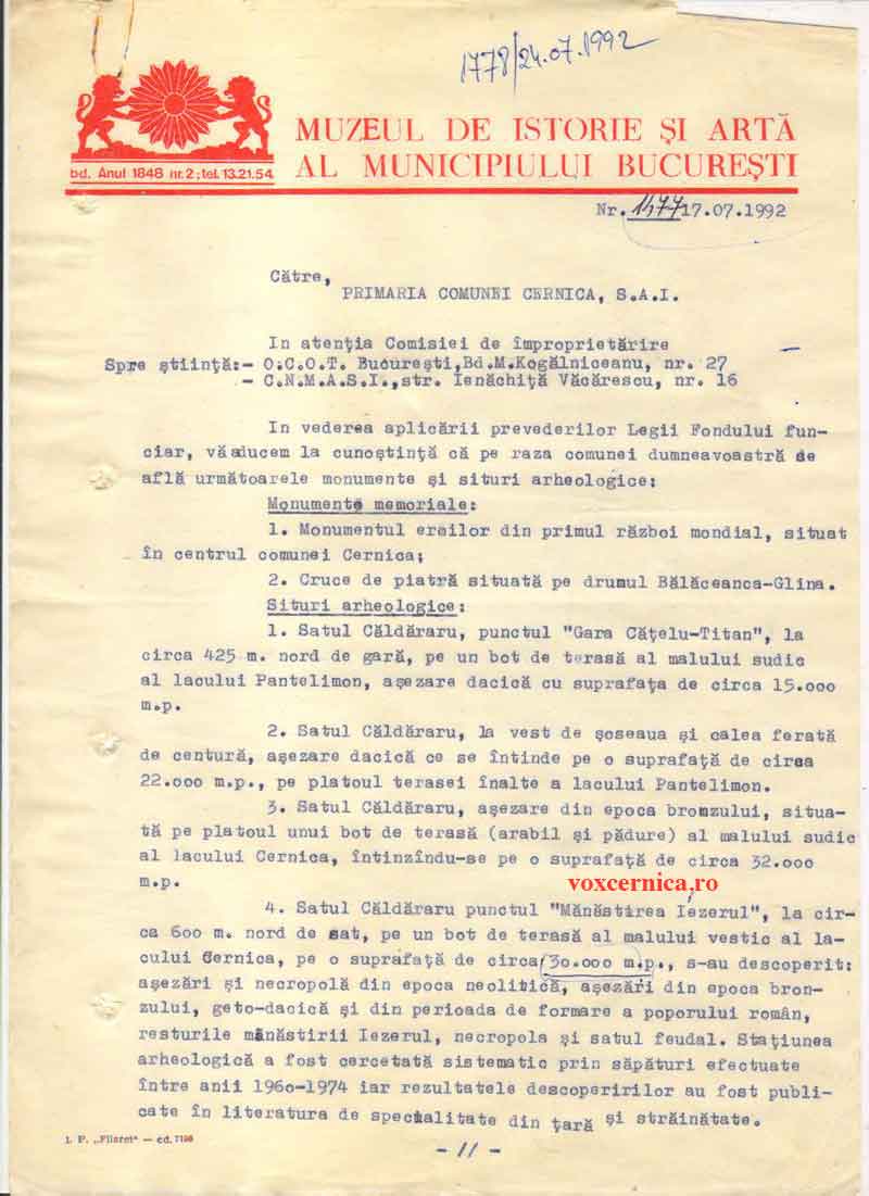 Adresa Muzeului de Istorie si Arta al municipiului Bucuresti catre Primaria Cernica. Monumente istorice. 1992.