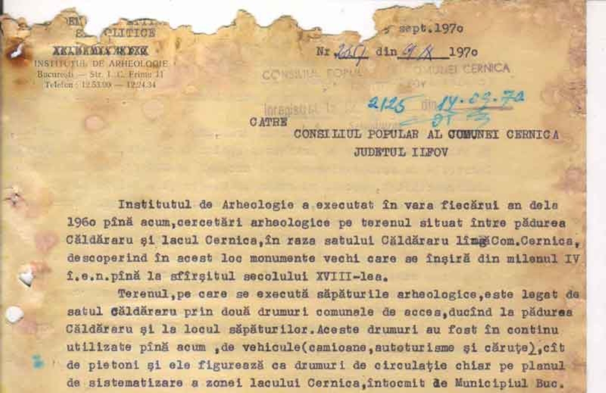 Adresa catre Consiliul Popular al Comunei Cernica. Institutul de Arheologie.1970